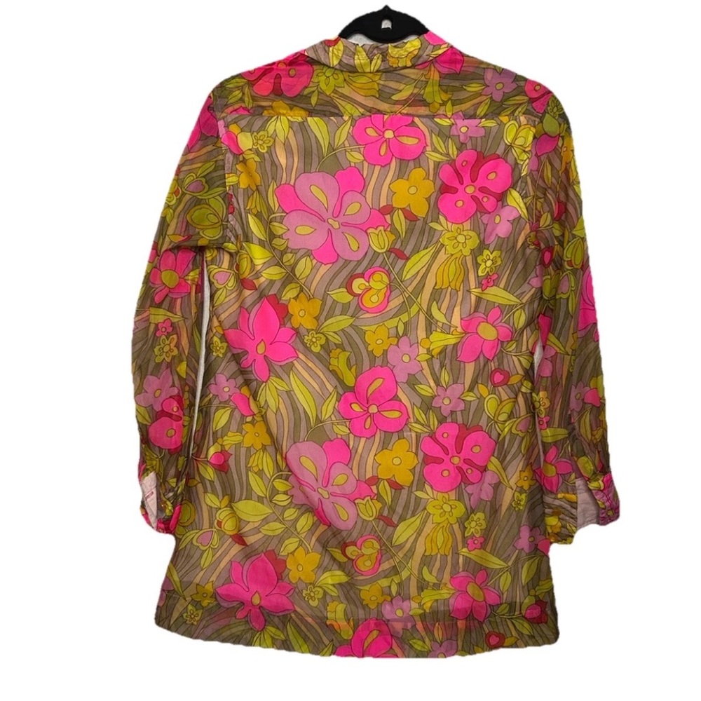 Vintage 70s Handmade Neon Floral Psychedelic Printed Blouse S Hippie Festival
